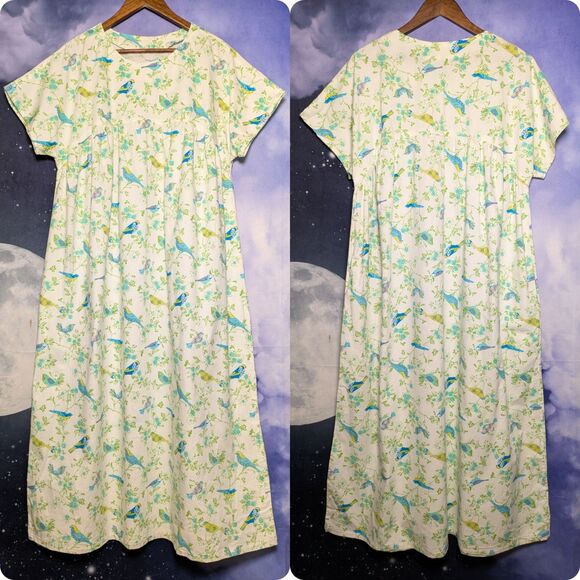 Handmade Dresses & Skirts - Handmade White Cotton Dress Birds Floral Cottagecore Prairie Housedress Modest